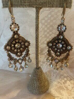 Antique Gold Tone Rhinestone Chandelier Earrings